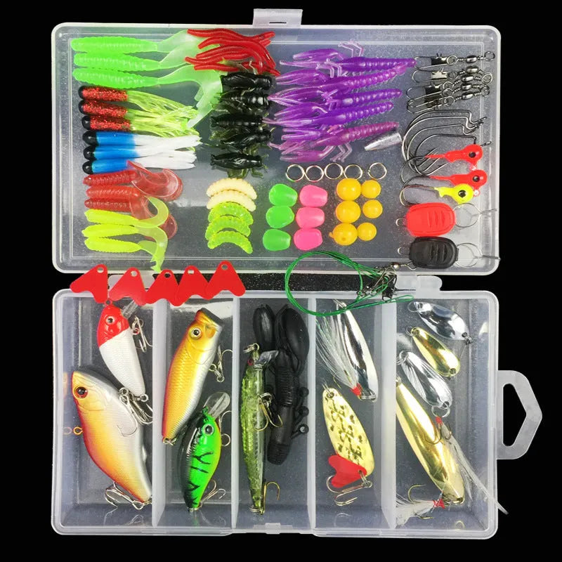 Junior fishing lure suit showing soft plastic baits organised in blue PP plastic storage tackle box