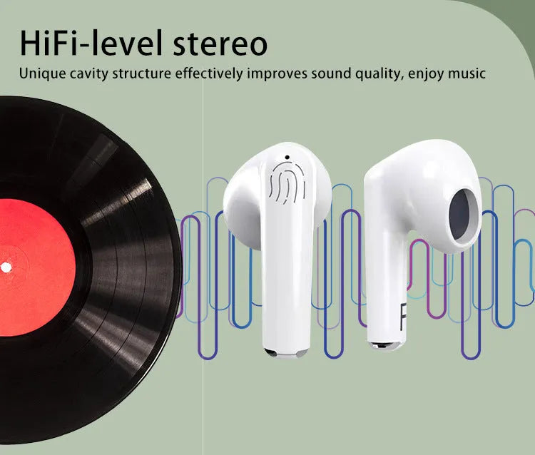 White wireless Bluetooth semi-in-ear earphones with a charging case on a white background.