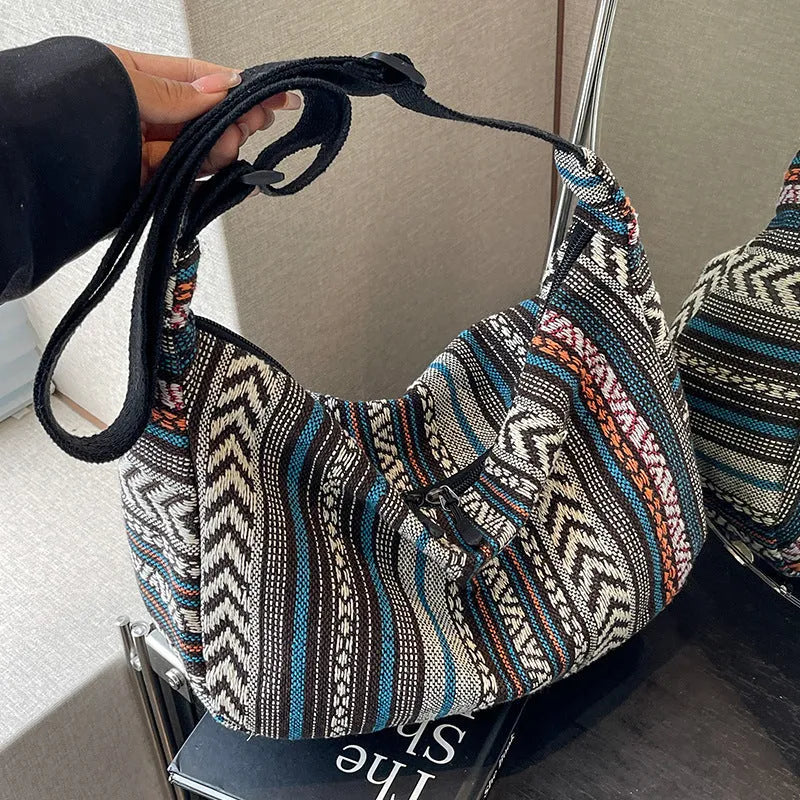 Women's ethnic style canvas crossbody dumpling bag with three-dimensional pockets in five colour options