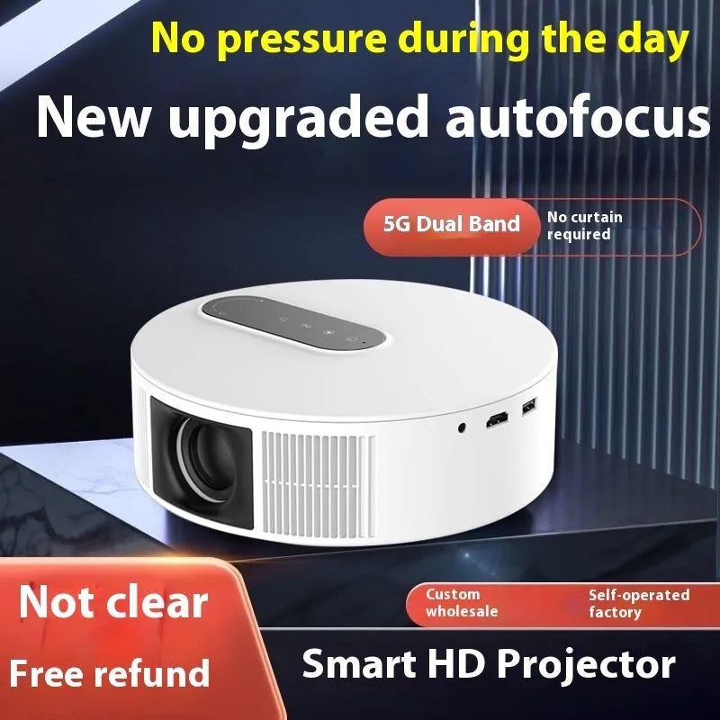 White HD home theatre smart projector with remote control on a stand