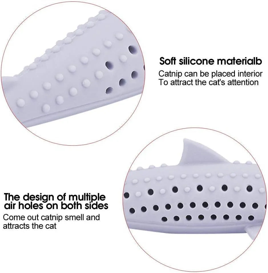Green silicone fish-shaped cat chew toy with breathable side holes for catnip