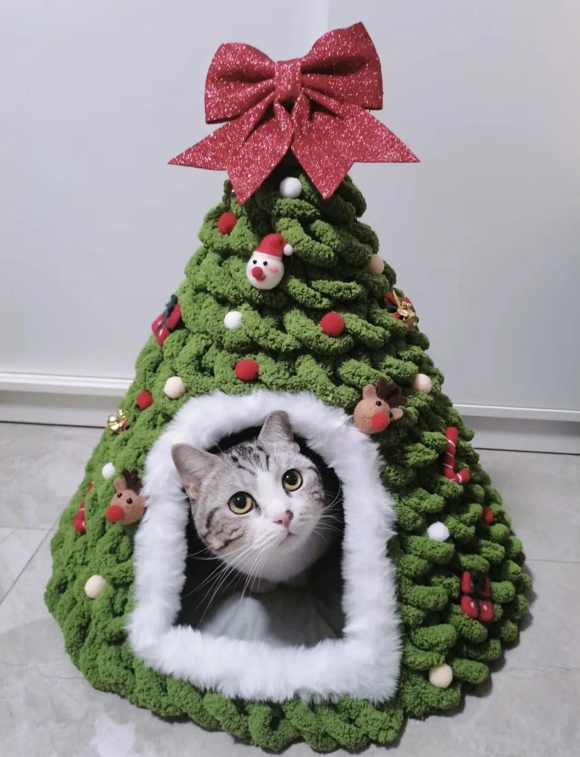 Grey conical felt cat house tent with circular base for indoor use