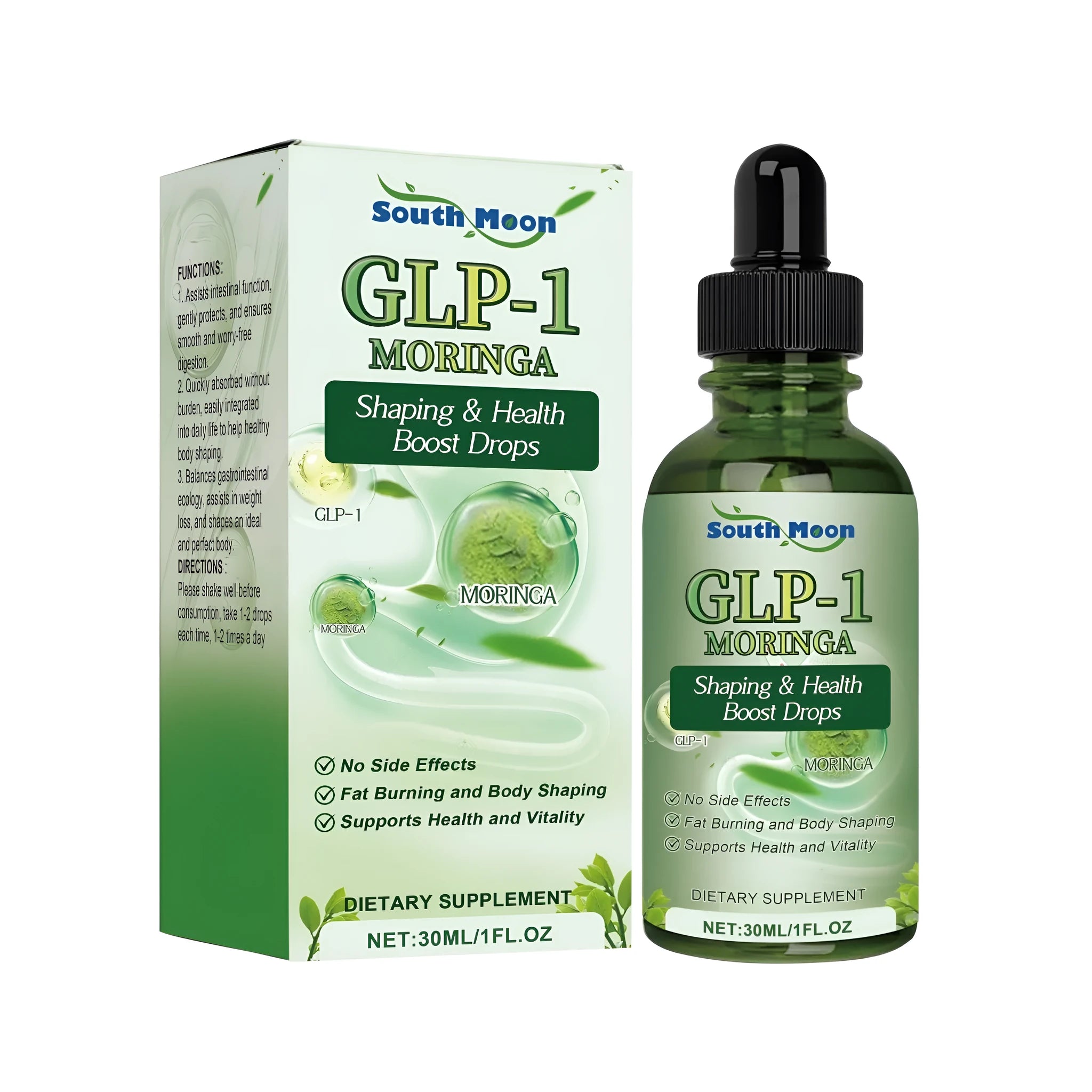 30ml bottle of digestive health drops with dropper containing traditional Chinese medicine extract and glucomannan