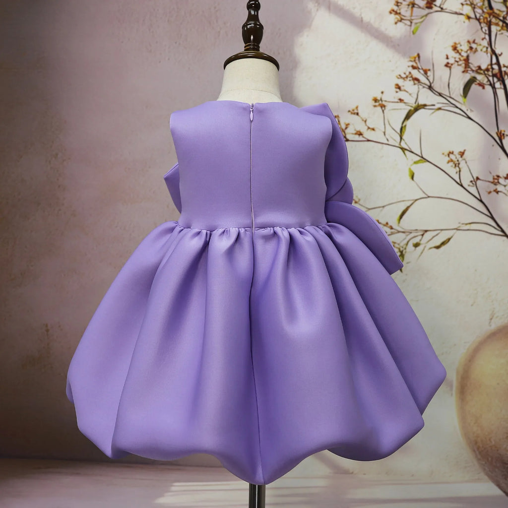 Purple solid colour dress with flower pattern for girls, acetate fabric, available in 90cm to 130cm heights