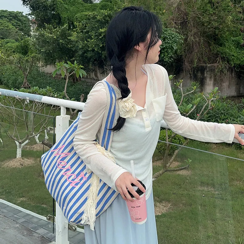 Blue and white striped cotton canvas bag with printed letter detailing for daily matching