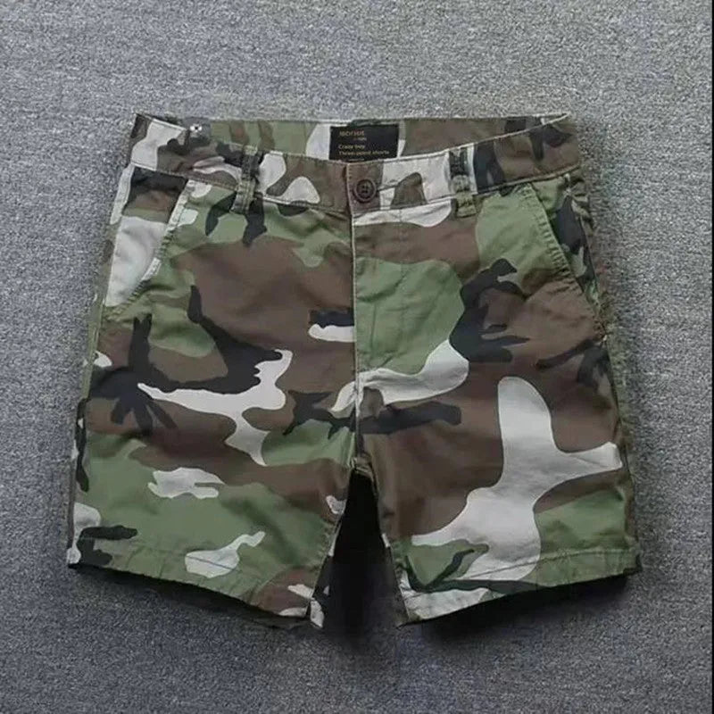 Men's cotton loose straight-leg shorts with zipper fly in camouflage green colour