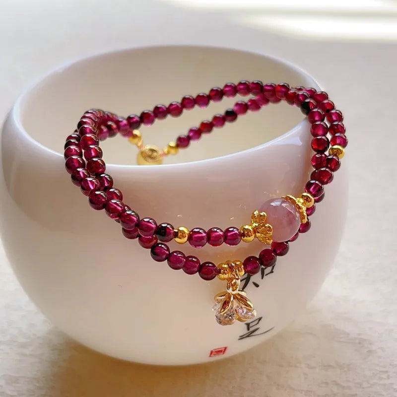 Natural garnet double ring bracelet for women with adjustable design
