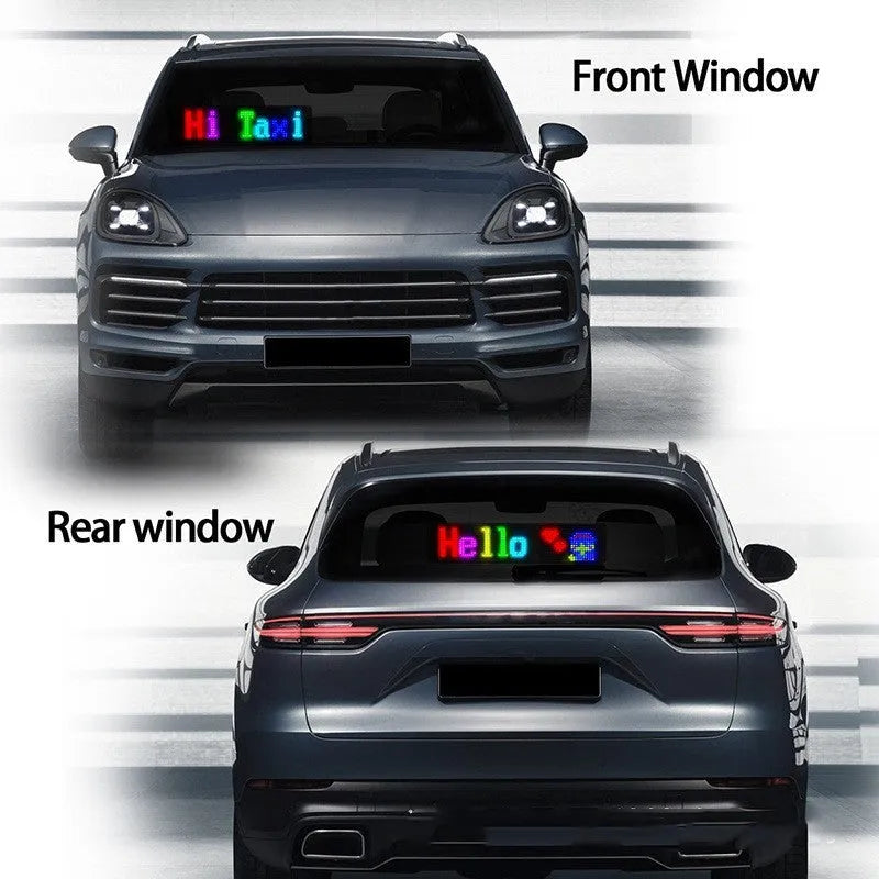 Ultra-thin programmable LED display screen showing custom animated text, bent to demonstrate flexibility.