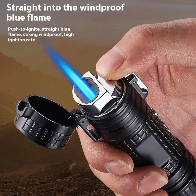TH727 multi-function metal flashlight lighter shown in camouflage, red, black, blue, and yellow colour options.