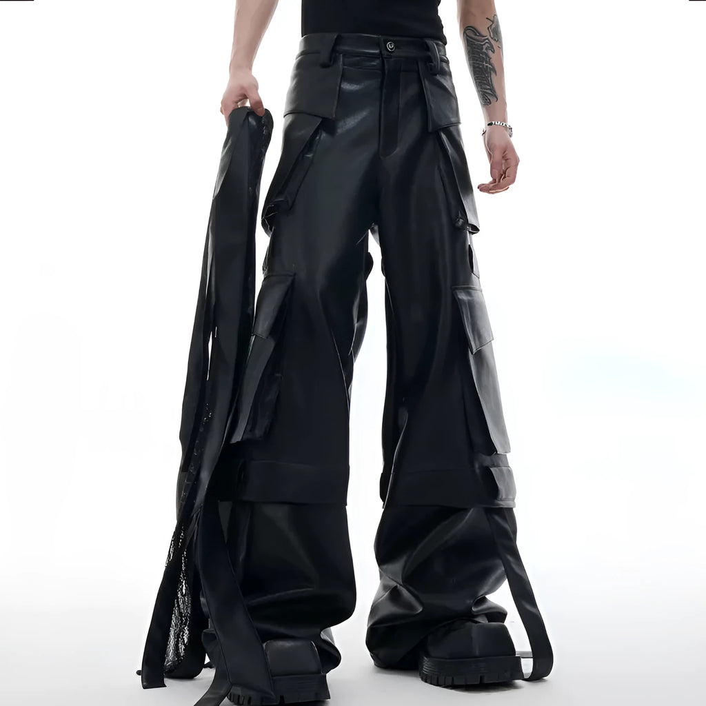 Men's black loose-fit trousers with quilted panels, heavy stitching, and multiple pockets.