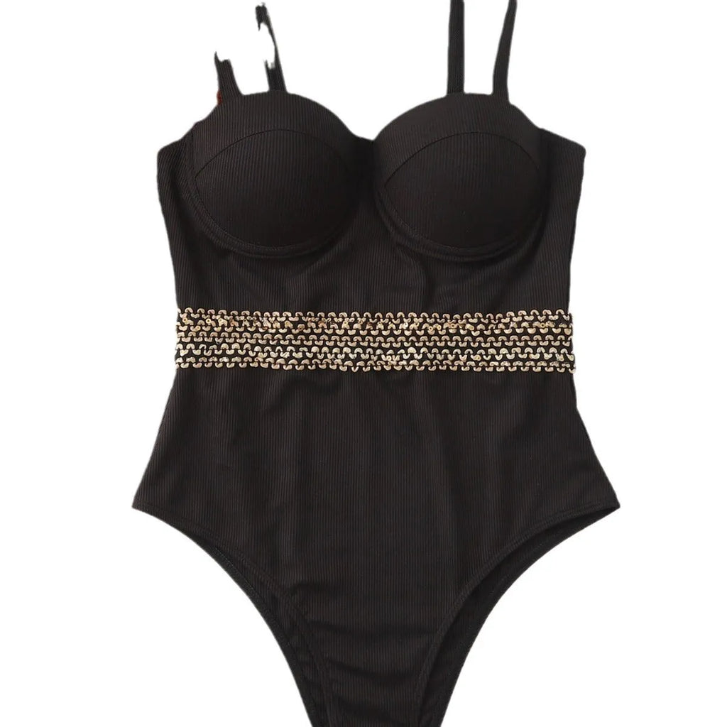 Black women's one-piece swimsuit with adjustable shoulder strap