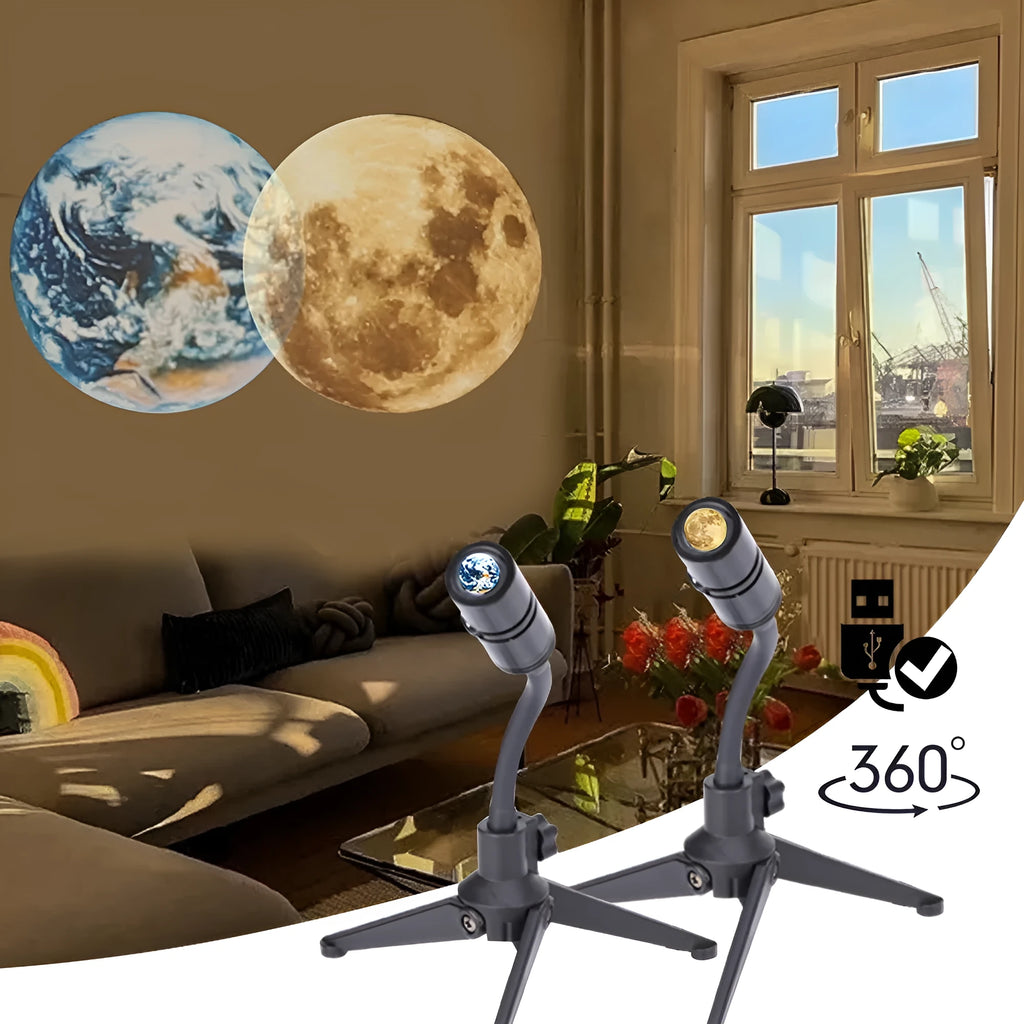 LED projection lamp showing Earth and Moon celestial effects with adjustable 360 degree bracket