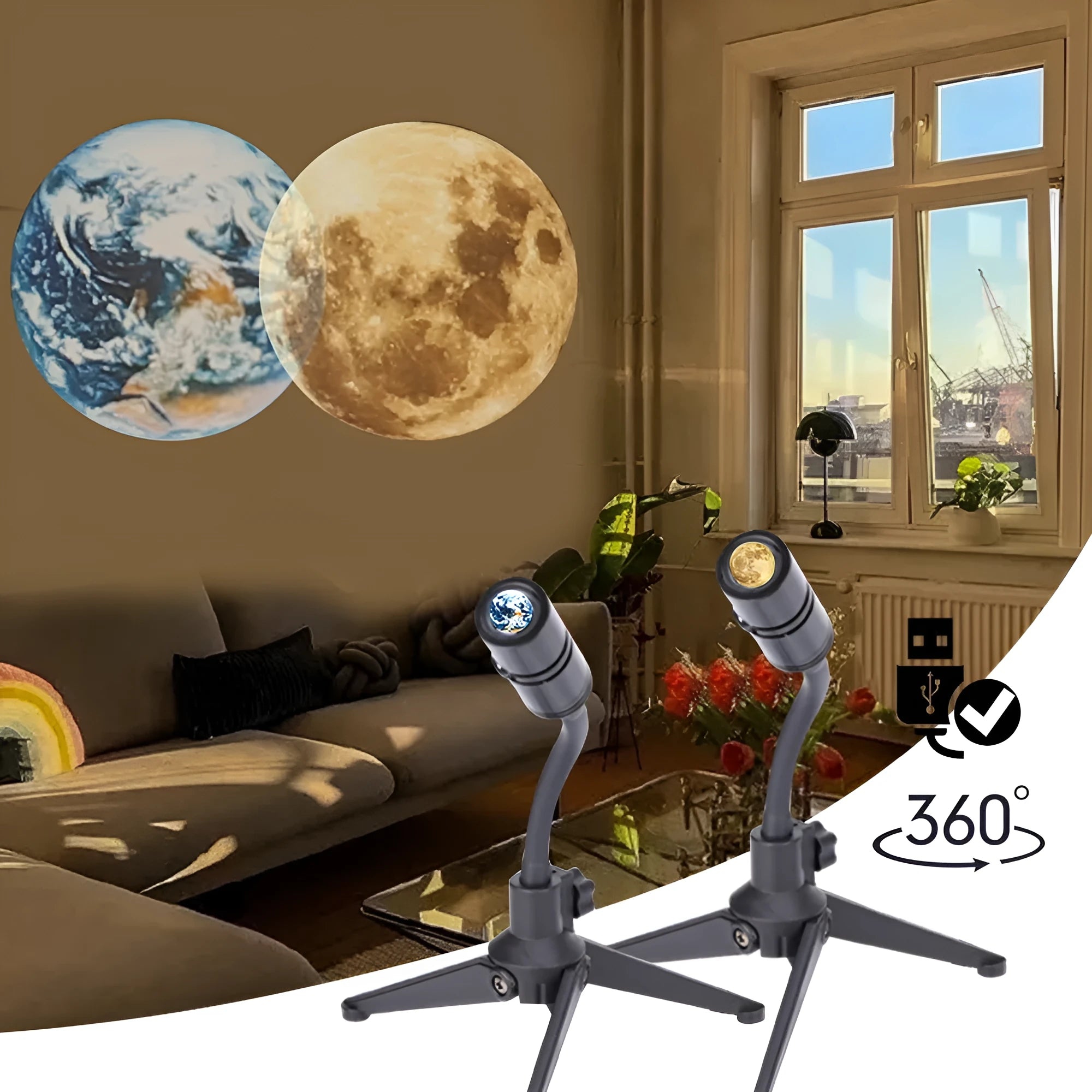 LED projection lamp showing Earth and Moon celestial effects with adjustable 360 degree bracket