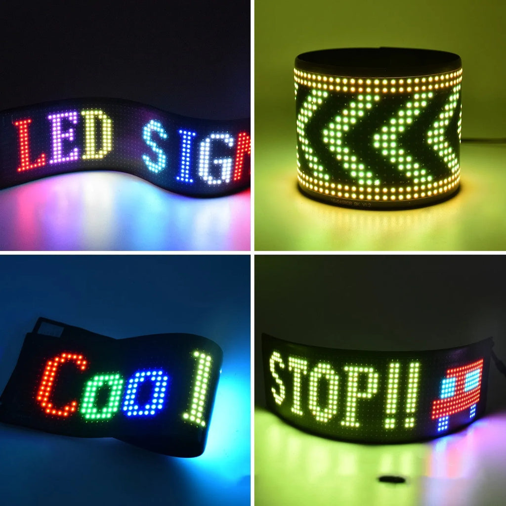 Ultra-thin programmable LED display screen showing custom animated text, bent to demonstrate flexibility.