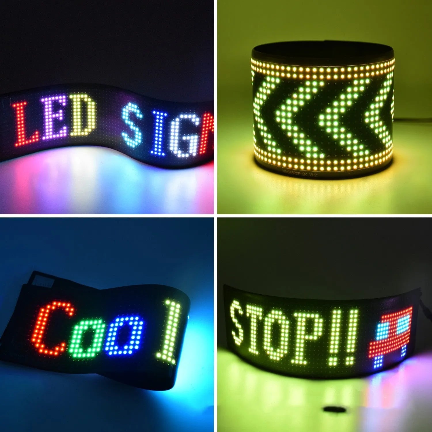 Ultra-thin programmable LED display screen showing custom animated text, bent to demonstrate flexibility.