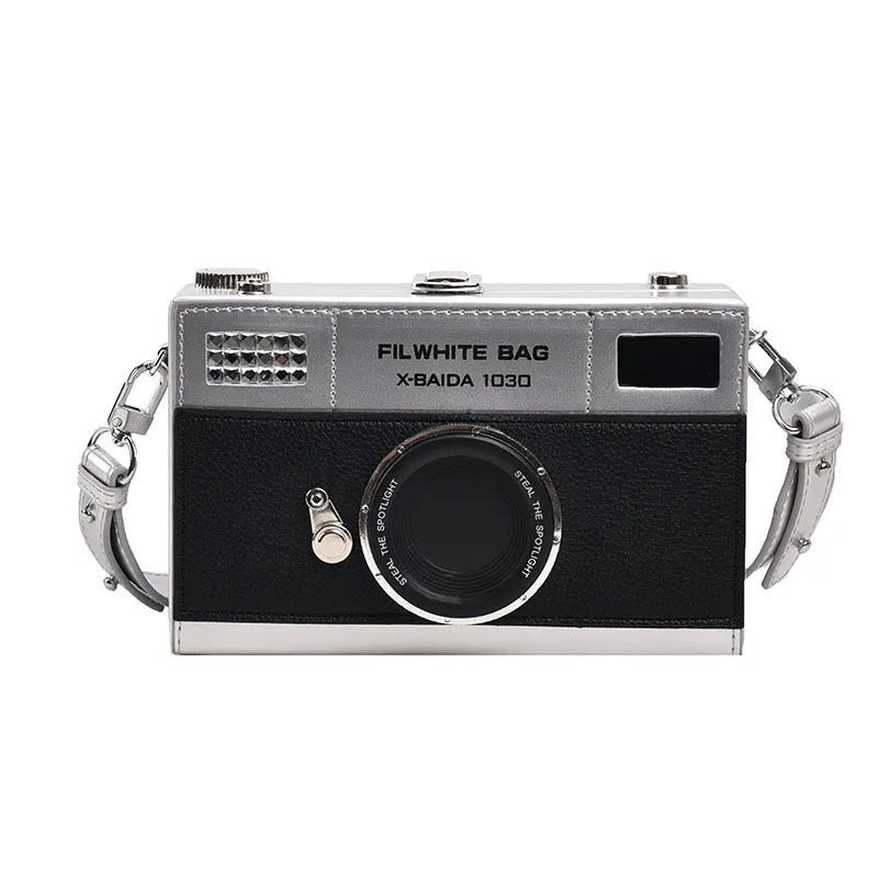 Soft PU leather mini crossbody camera bag with chain strap in silver black colour