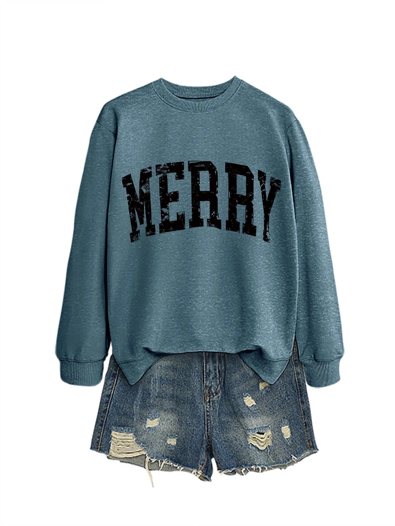 Cotton round neck long sleeve sweater for women in blue with white colour map