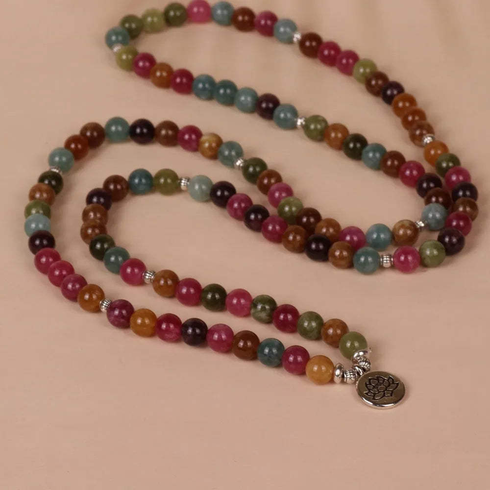 Lotus multi-layer bracelet with 108 alloy beads in tourmaline colour on adjustable string