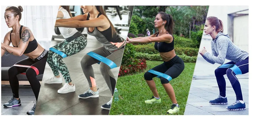 Resistance bands set with seamless integration, lightweight and portable for home gym workouts, available in blue block, pink, purple and blue