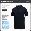 Nylon loose fit short sleeve t-shirt with a stand collar and colour stitching detail, shown in a business casual context.