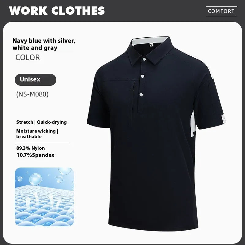 Nylon loose fit short sleeve t-shirt with a stand collar and colour stitching detail, shown in a business casual context.