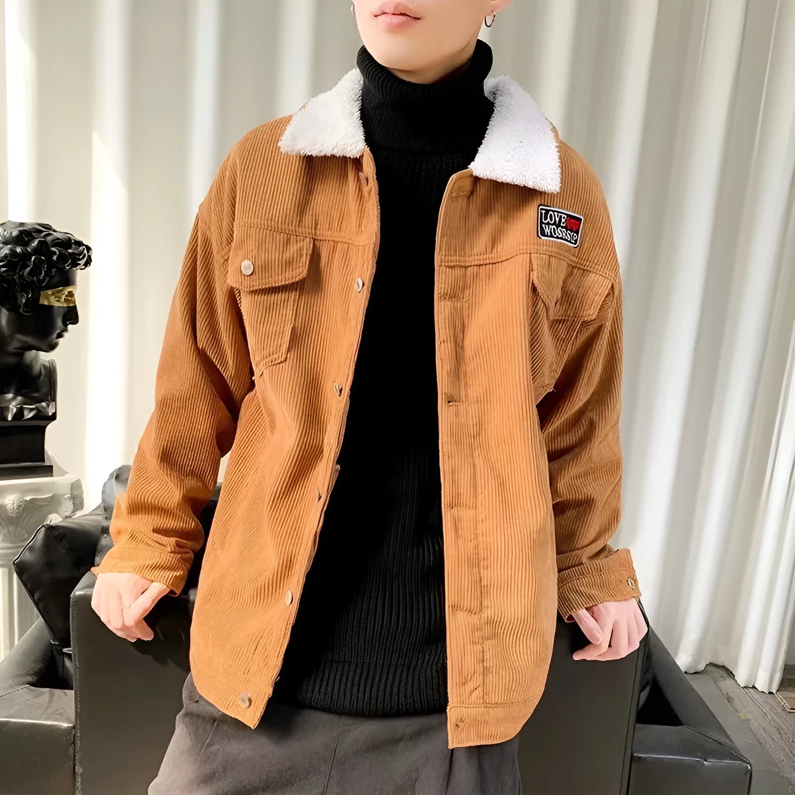 Men's corduroy work jacket in solid colour with regular sleeves and stick pockets
