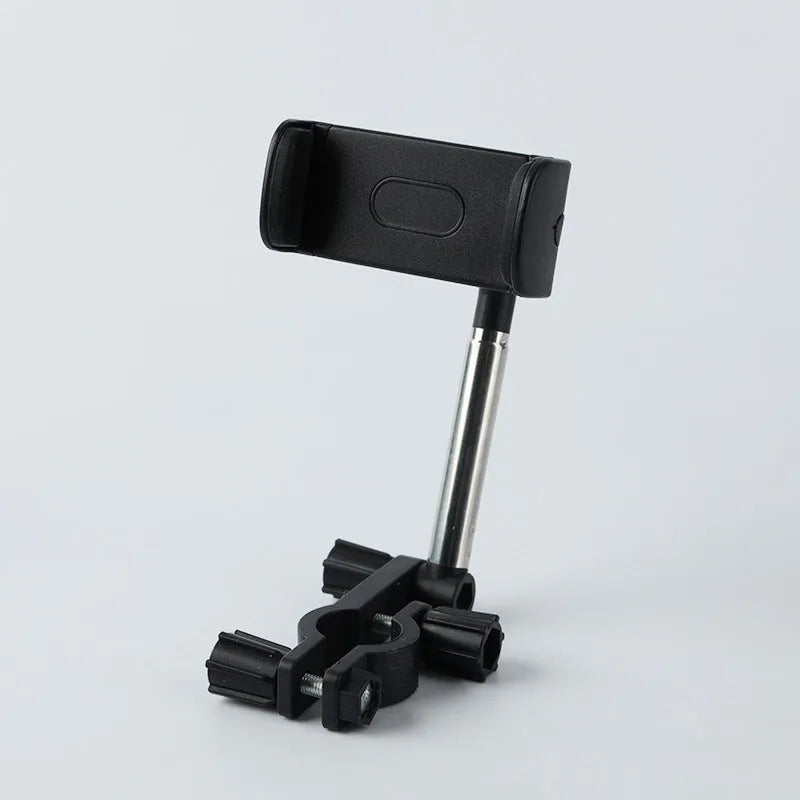 Black ABS car phone holder mounted on a rearview mirror showing 360-degree rotation mechanism