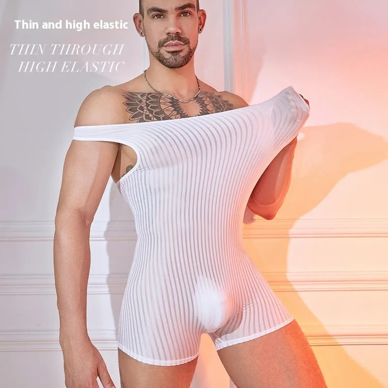 Men's lightweight nylon jumpsuit with wide vertical stripes in black, shown in a free size fit.