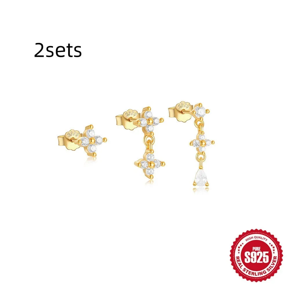 S925 sterling silver geometric zircon tassel earring set with three pieces in gold colour