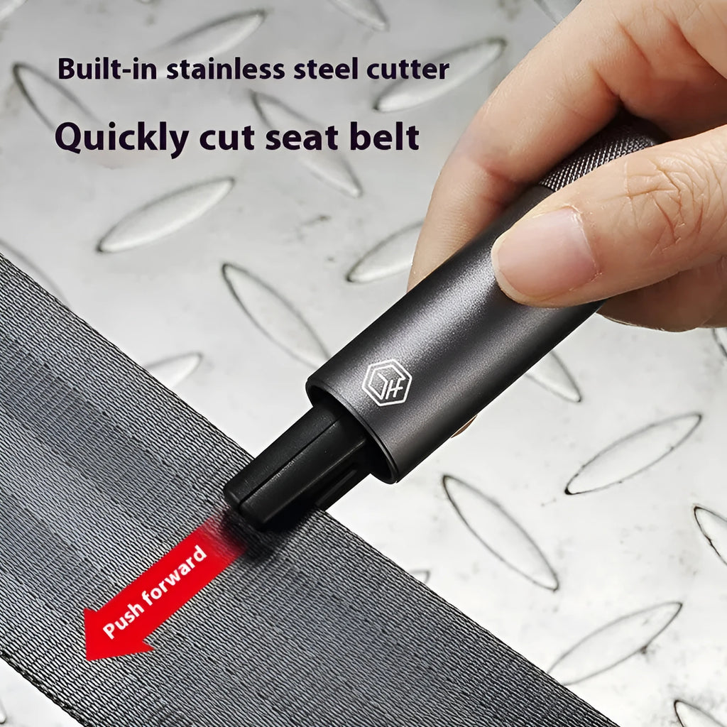 Gun grey aluminium alloy car safety hammer with glass breaking tip and seatbelt cutter