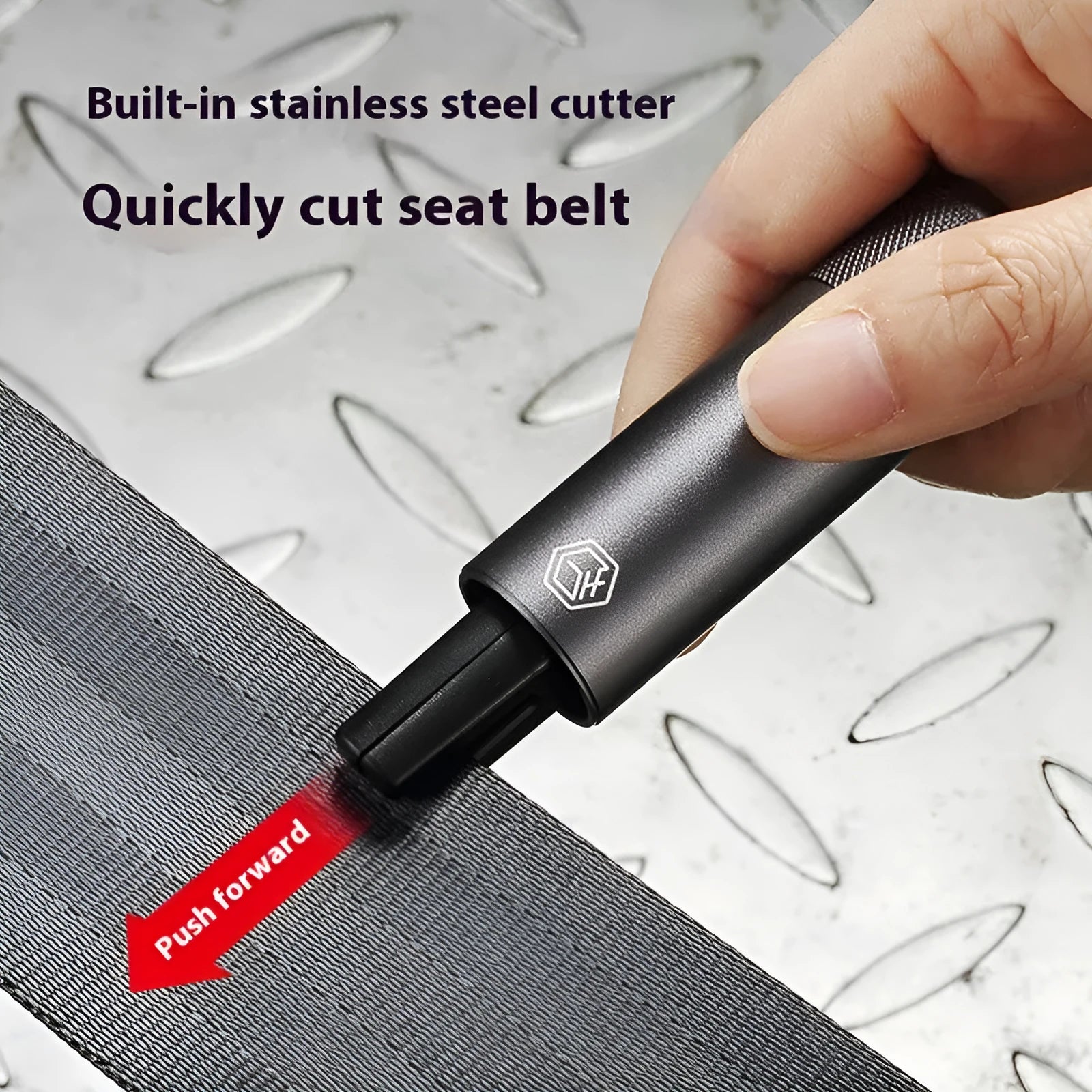 Gun grey aluminium alloy car safety hammer with glass breaking tip and seatbelt cutter