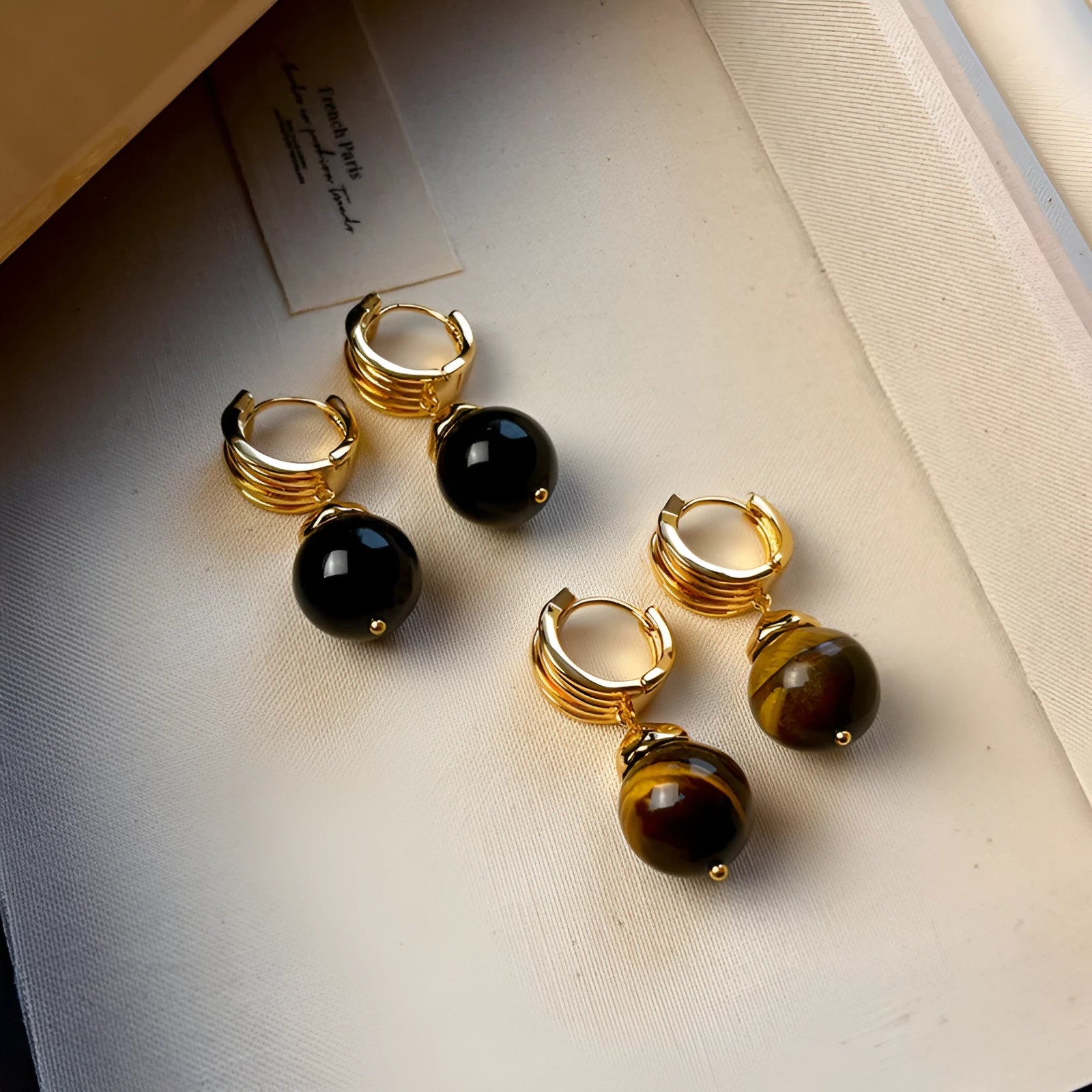 Geometric tigereye earrings with gold plating in brown or black French retro style