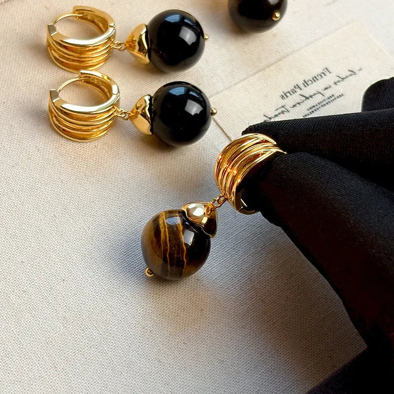 Geometric tigereye earrings with gold plating in brown or black French retro style