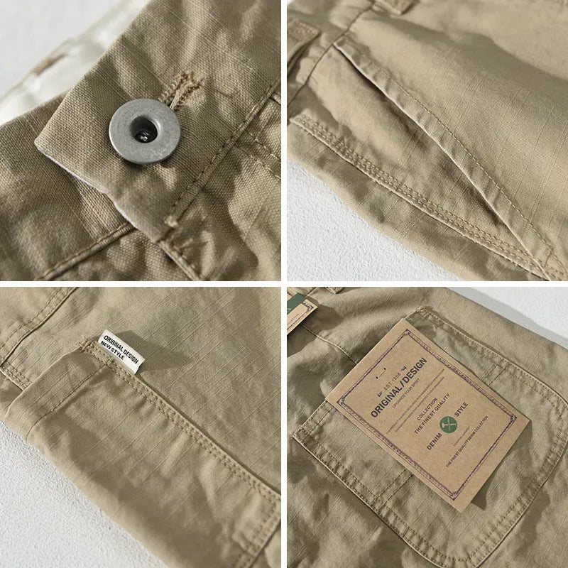 Men's straight leg cotton casual trousers in apricot, shown from the front.