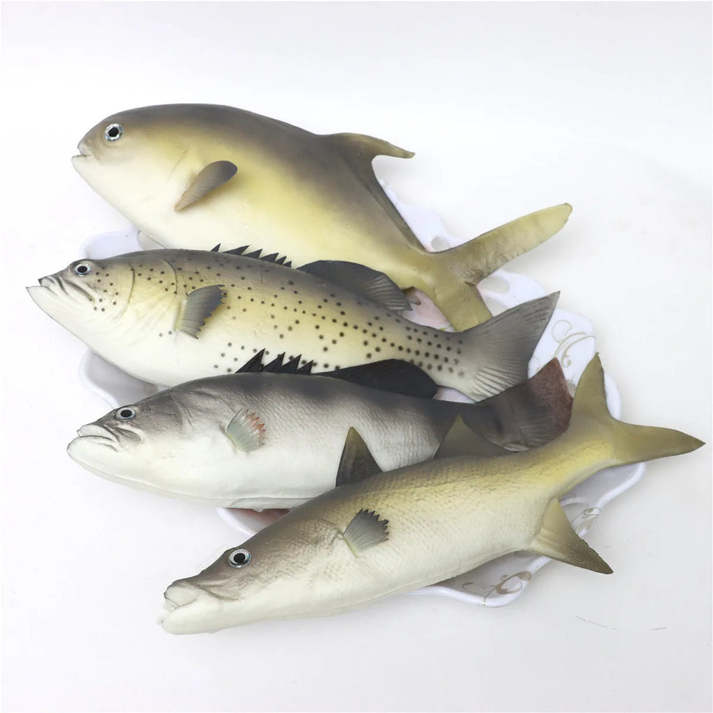 PU simulated fish ornament set showing yellow-fin tuna, flower fish, small tuna and yellow croaker ocean animal models