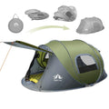 Dark green automatic two-person camping tent showing dimensions and waterproof features