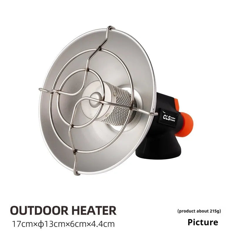 Portable outdoor heating stove with black and orange design showing automatic press ignition