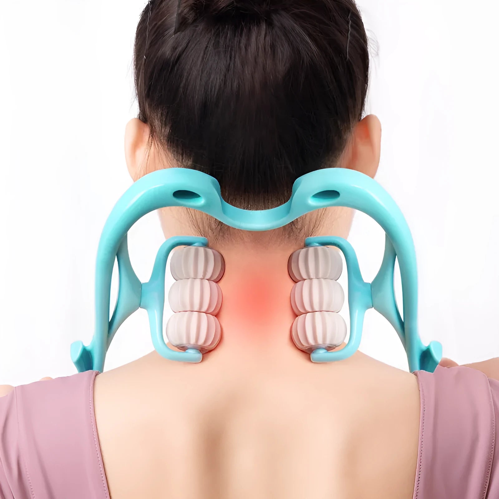 Blue swan-shaped six-wheel manual neck massager with rotating rollers and a separate natural jade scraping board on a white background.