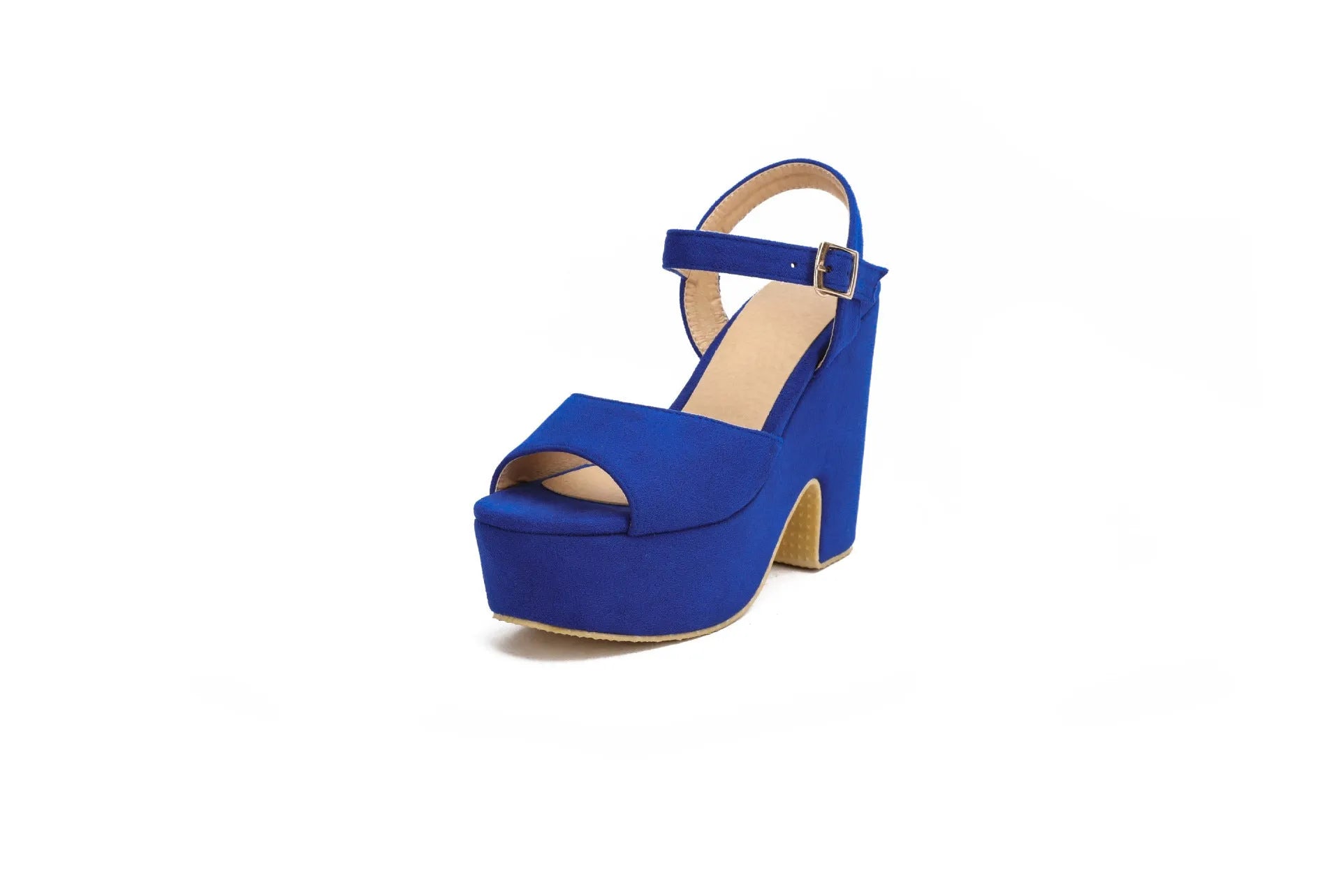 Black plus size women's platform sandals with ankle strap and open toe on a white background.