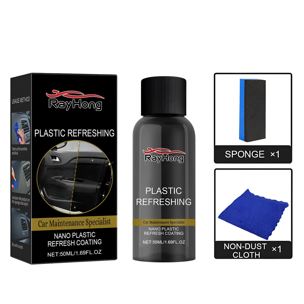Nano plastic refresh coating kit showing repair agent bottle, applicator sponge, and cleaning towel