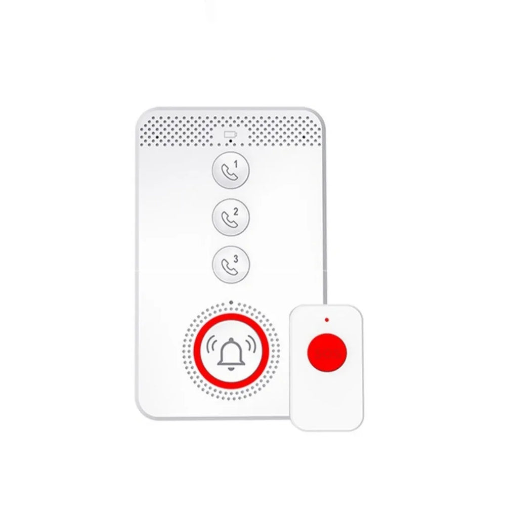 White voice emergency alert buzzer unit with three wireless call buttons for elderly home safety.