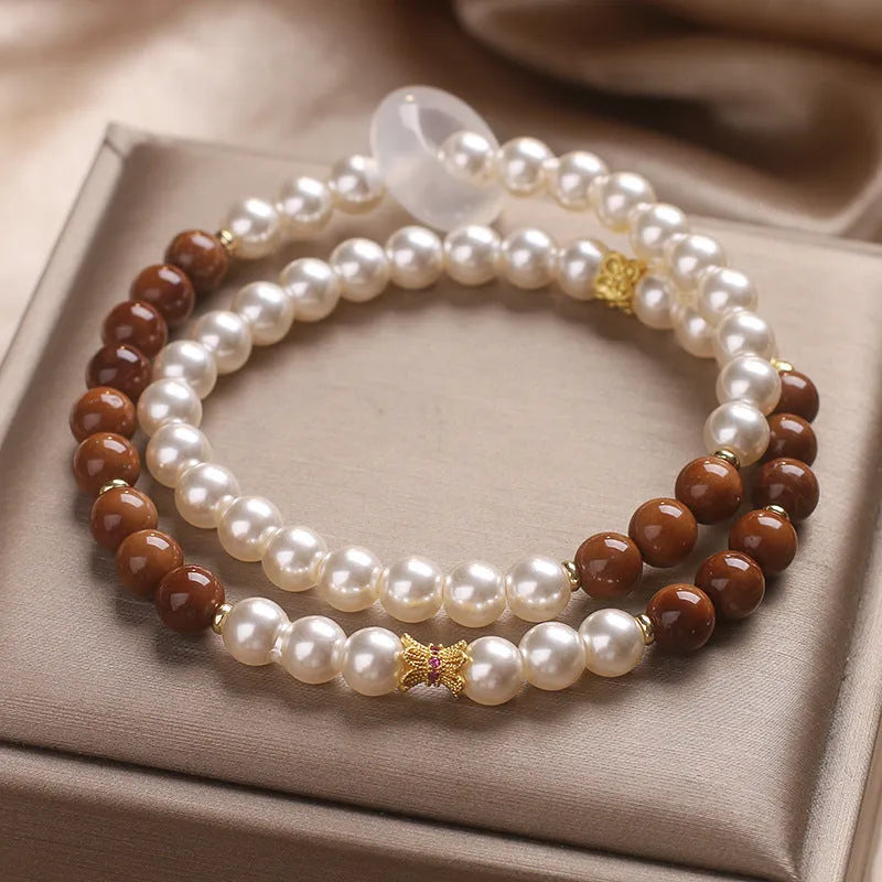 Natural white freshwater pearl double-circle flexible ring bracelet with crystal beads, 34cm length