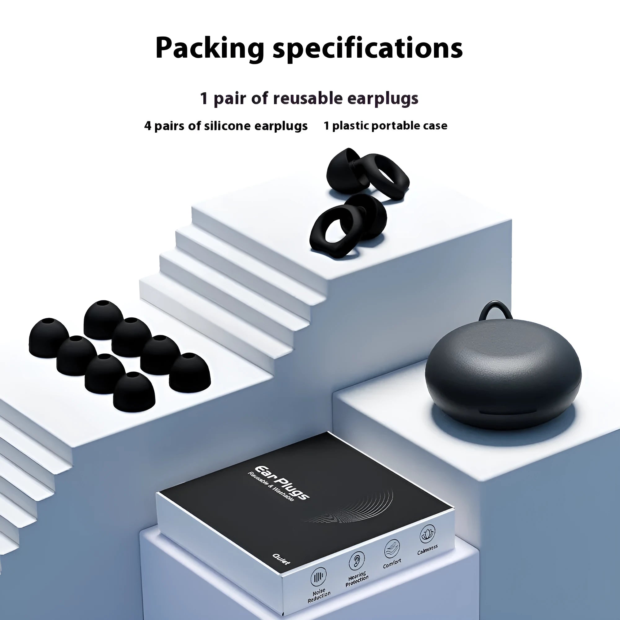A pair of black silicone soundproof earplugs on a white background.