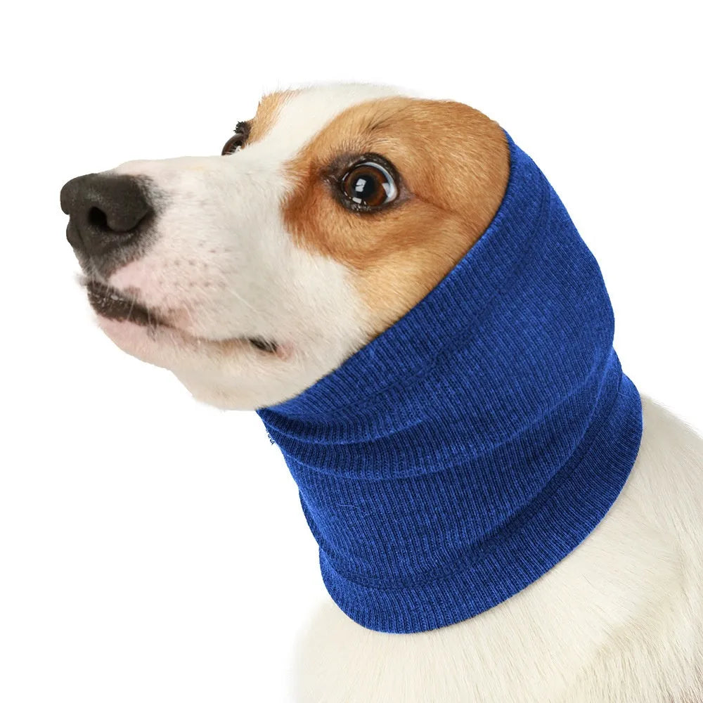 Blue and grey polyester dog comforter headband scarf shown in three adjustable sizes for canine companions