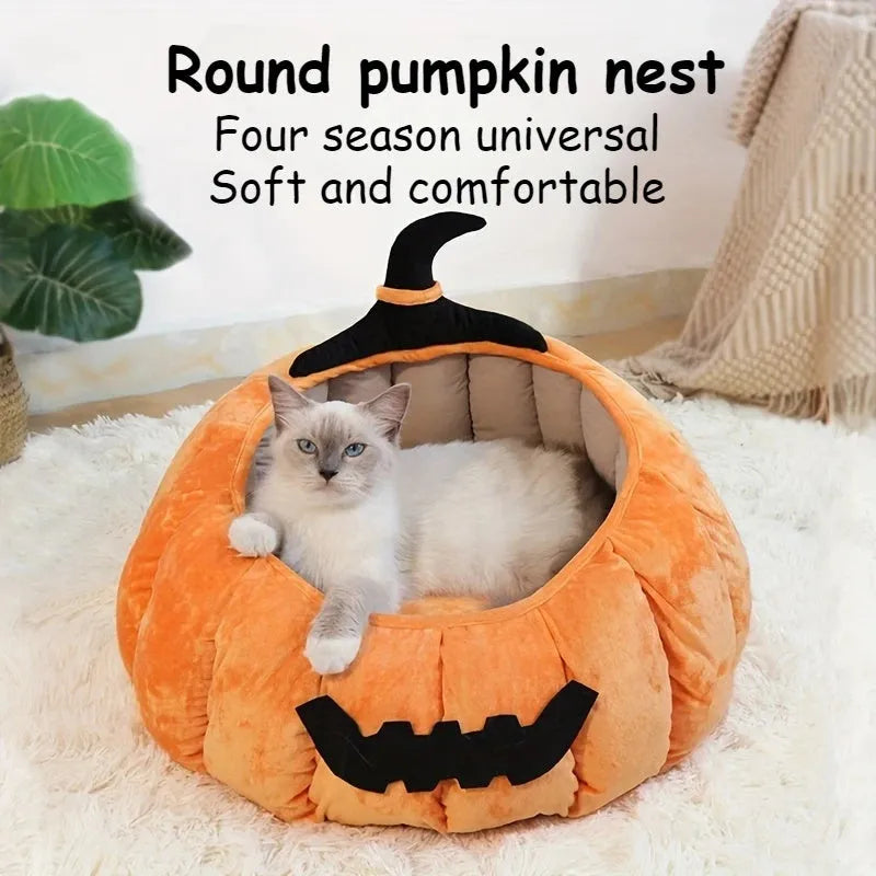 Orange plush Halloween pumpkin cat bed with cartoon devil face for small dogs