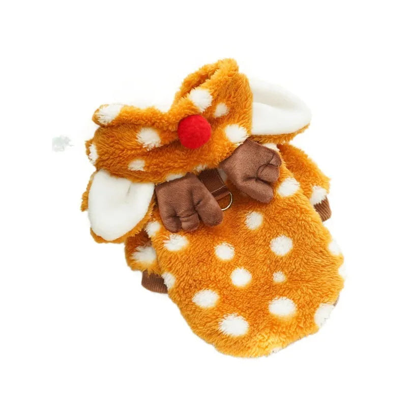 Elk costume for medium dog with fleece lining, shown in Christmas styling