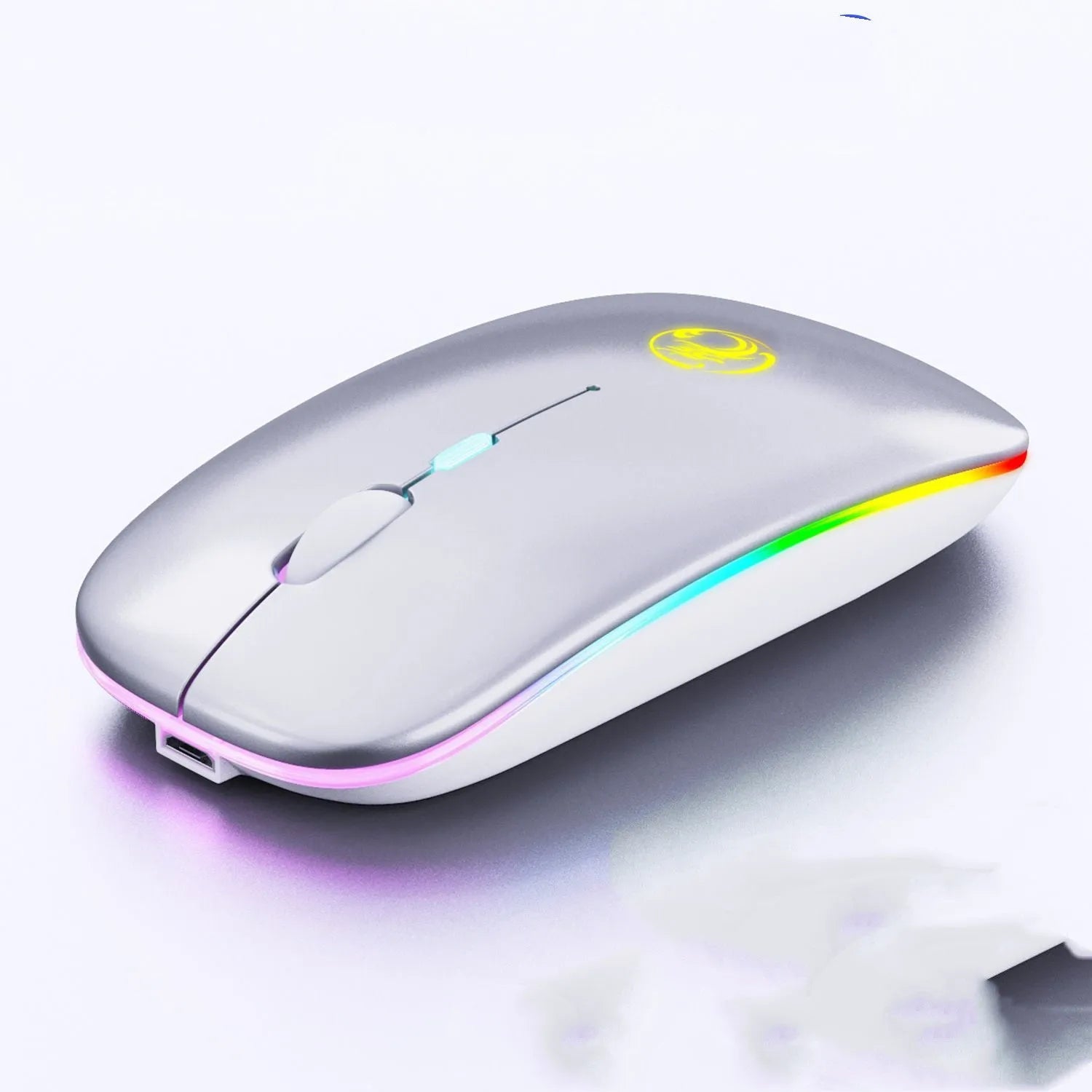 Black or white dual-mode wireless silent mouse with a scroll wheel and charging port.