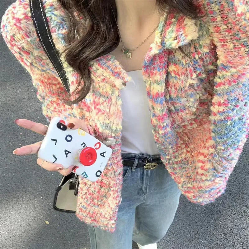 Rainbow patterned knitted cardigan sweater in green colour with toothbrush hair texture