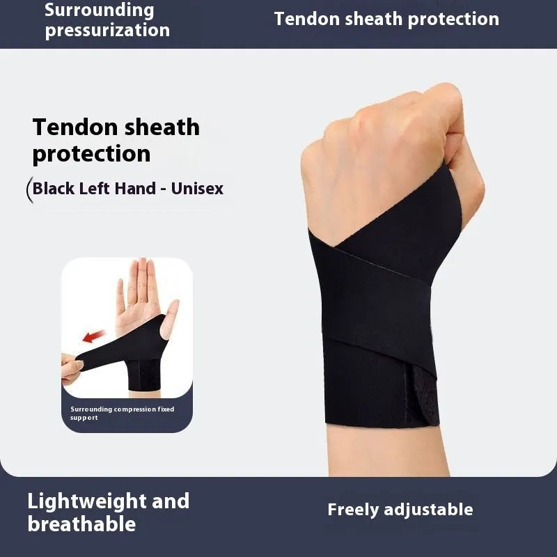 Adjustable athletic wristguard in black on a wrist, showing Velcro strap closure.
