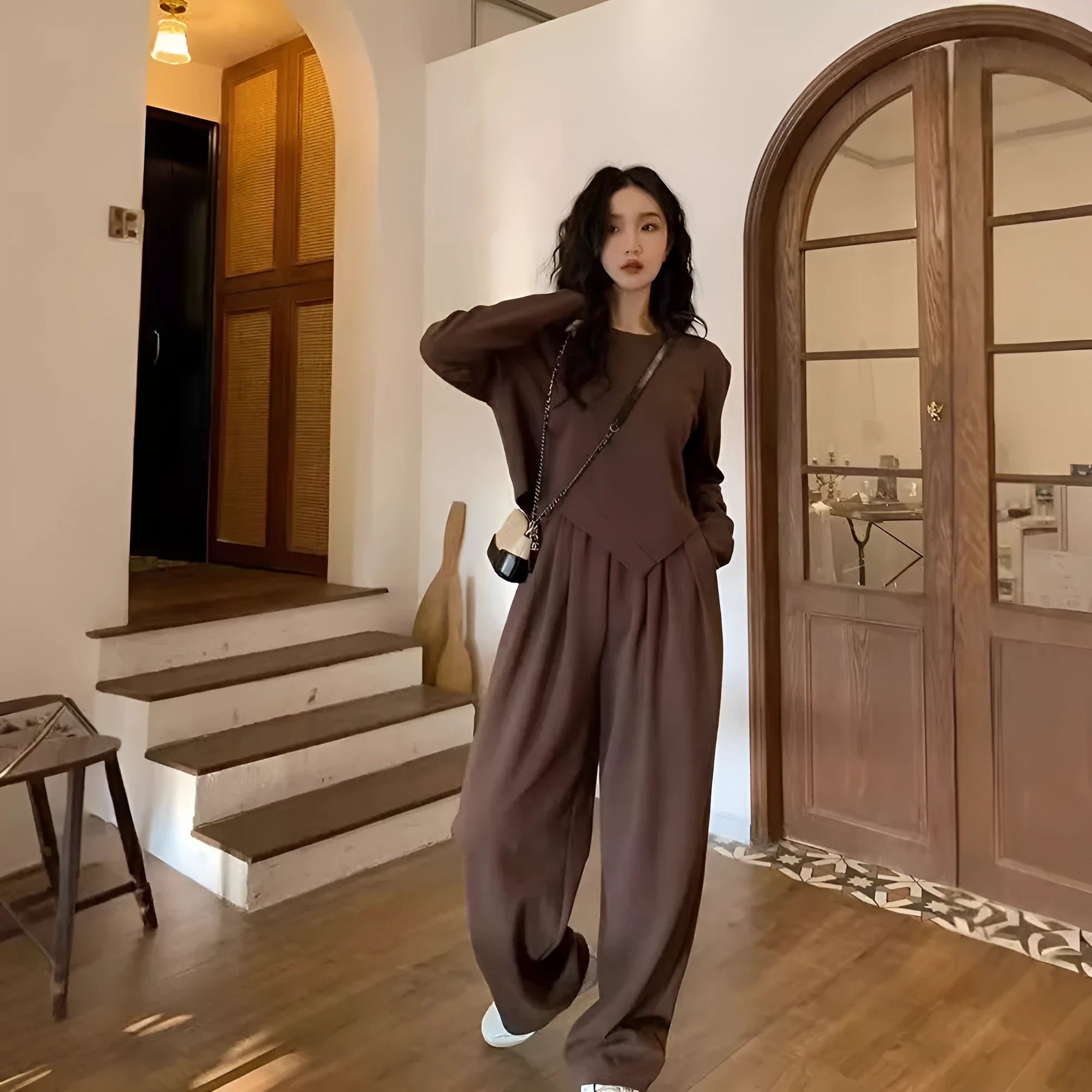 Women's khaki brown loose fit casual sports suit set with long sleeves and trousers.